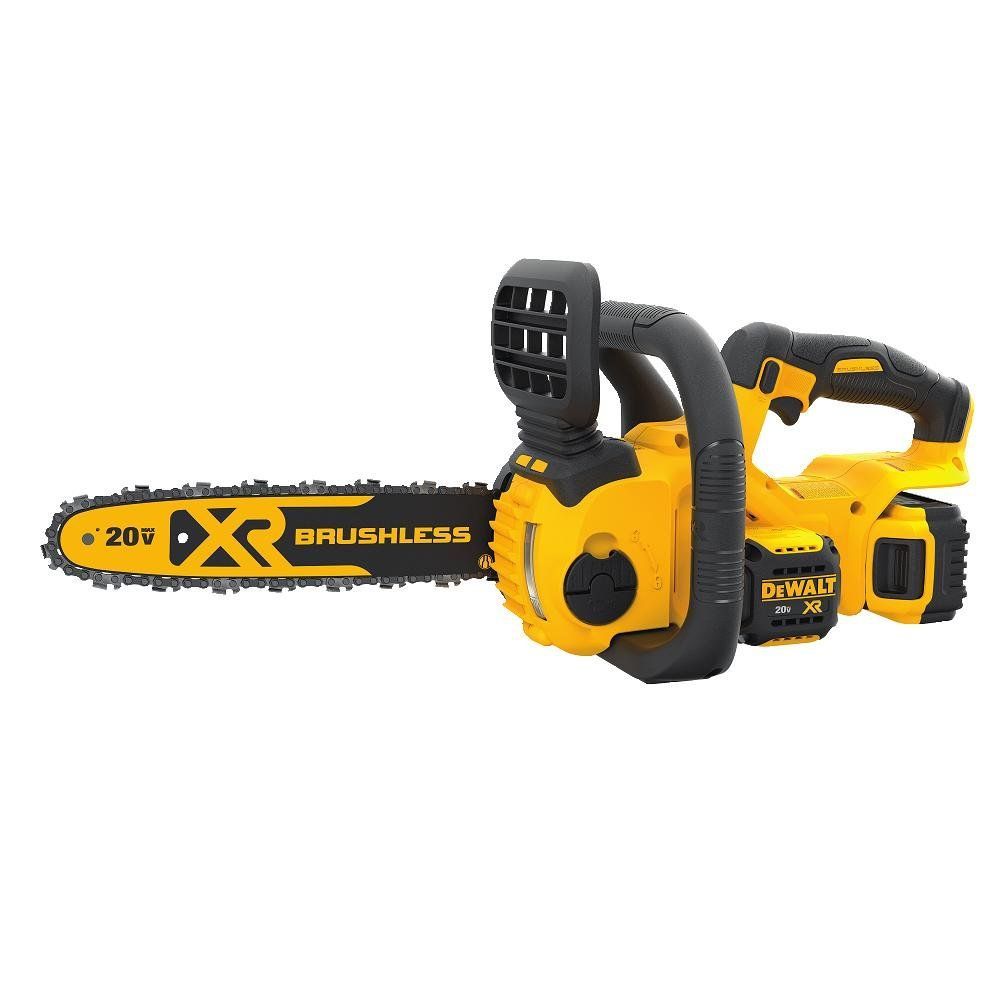 a yellow and black chainsaw that says brushless on it