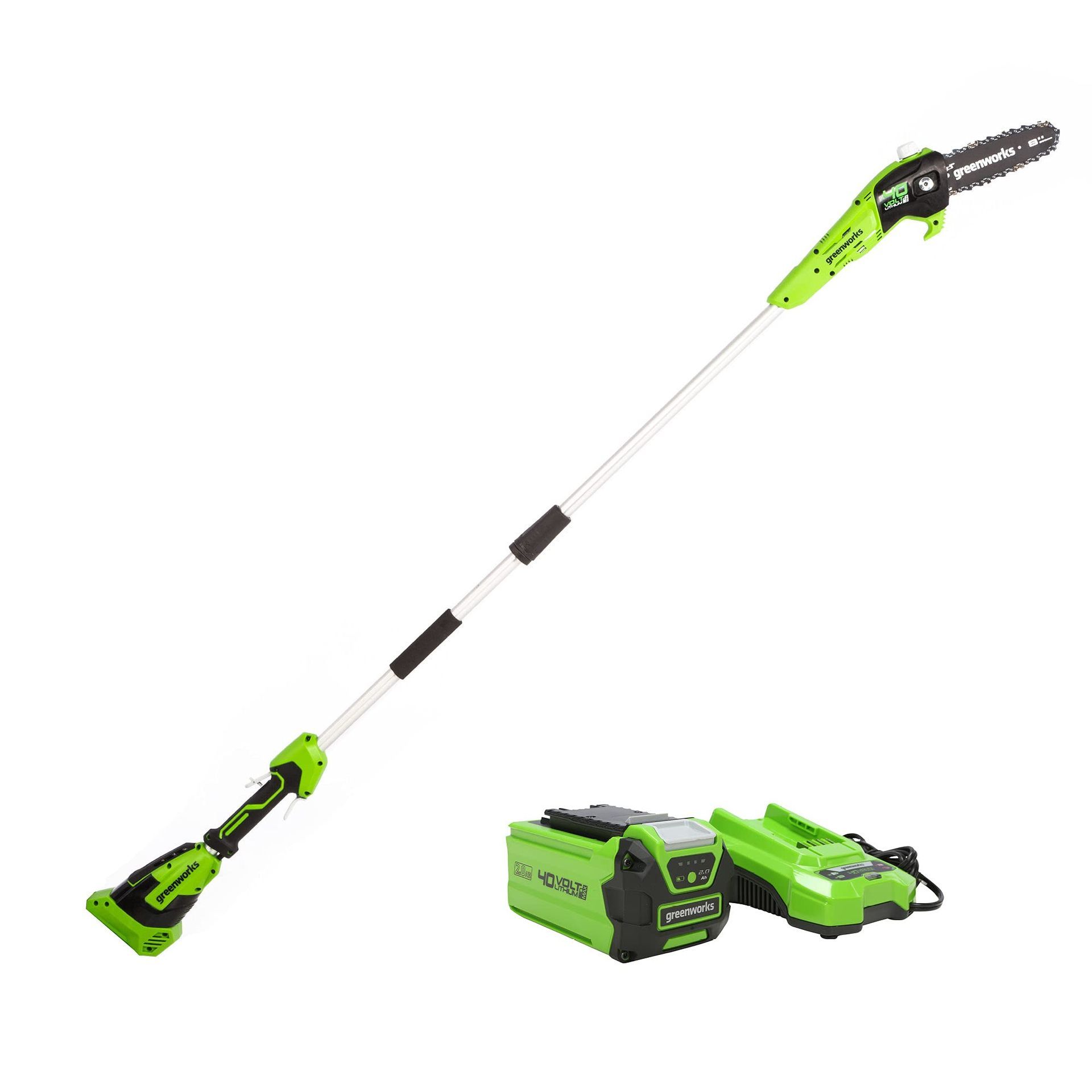 A green pole saw with a battery and charger on a white background.