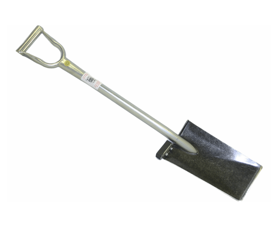 A shovel with a metal handle on a white background