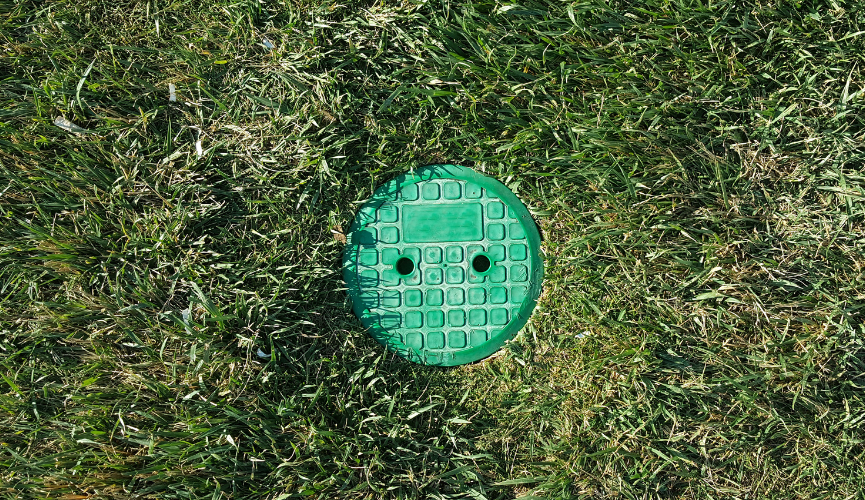 a green object in the grass that looks like a keyboard