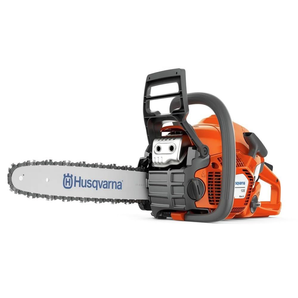 a black and red oregon chainsaw on a white background