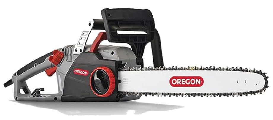 a black and red oregon chainsaw on a white background