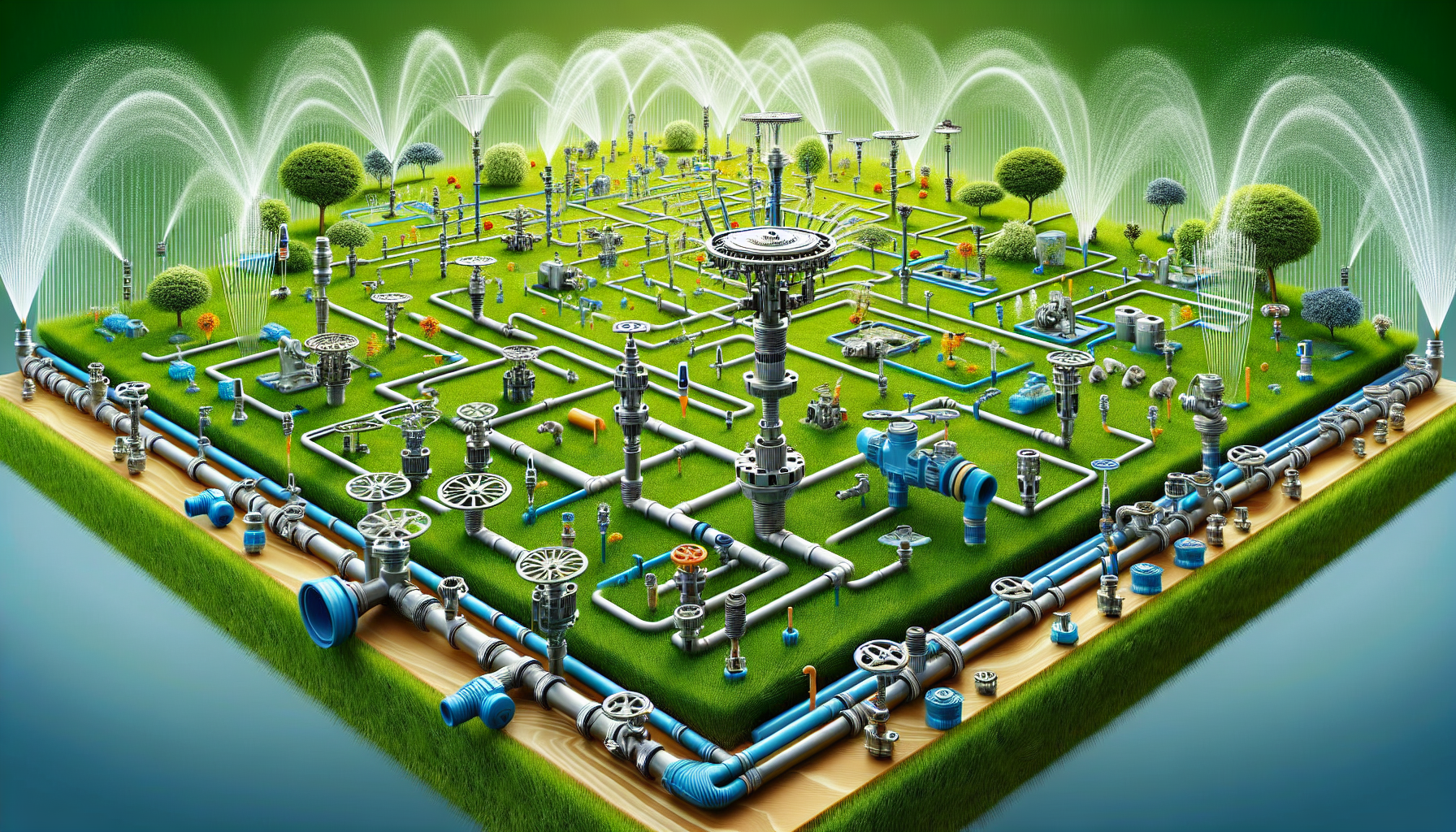 a maze of pipes and valves on a green field