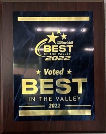 Award plaque that says 