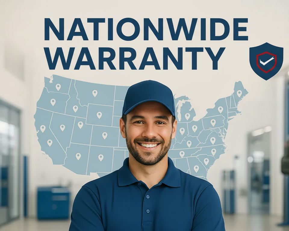 Smiling mechanic, in uniform, stands in front of a U.S. map with locations marked, promoting a nationwide warranty.