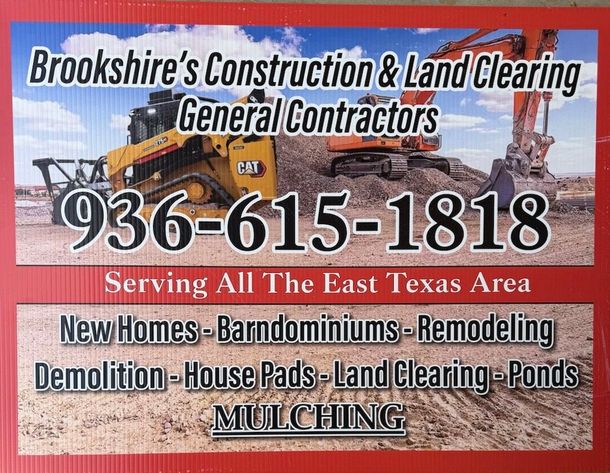 Business card: Brookshire's Construction & Land Clearing, phone number 936-615-1818, services in East Texas.