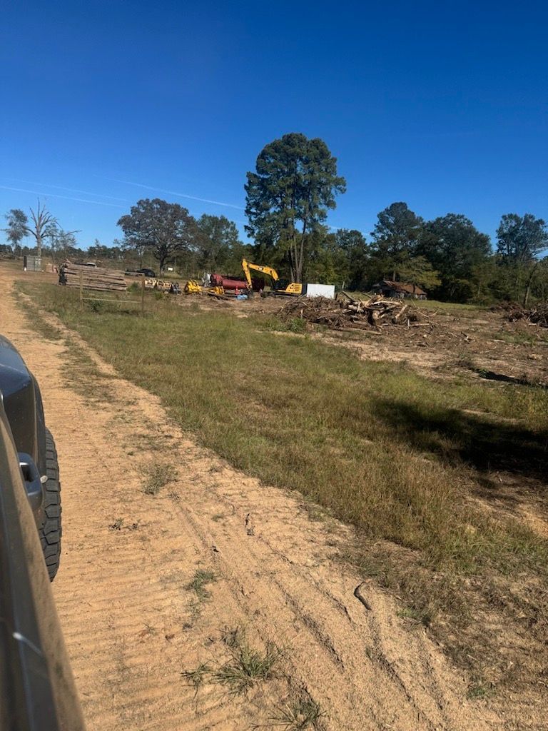 Construction site, excavator and equipment on cleared land with trees, blue sky.
