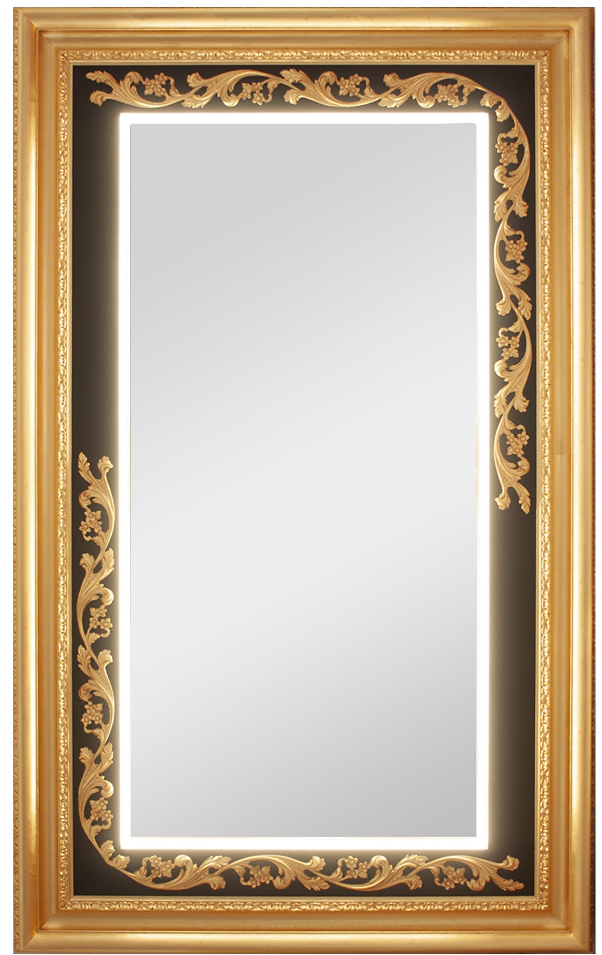 Uno specchio a figura intera con cornice dorata e bordo nero
