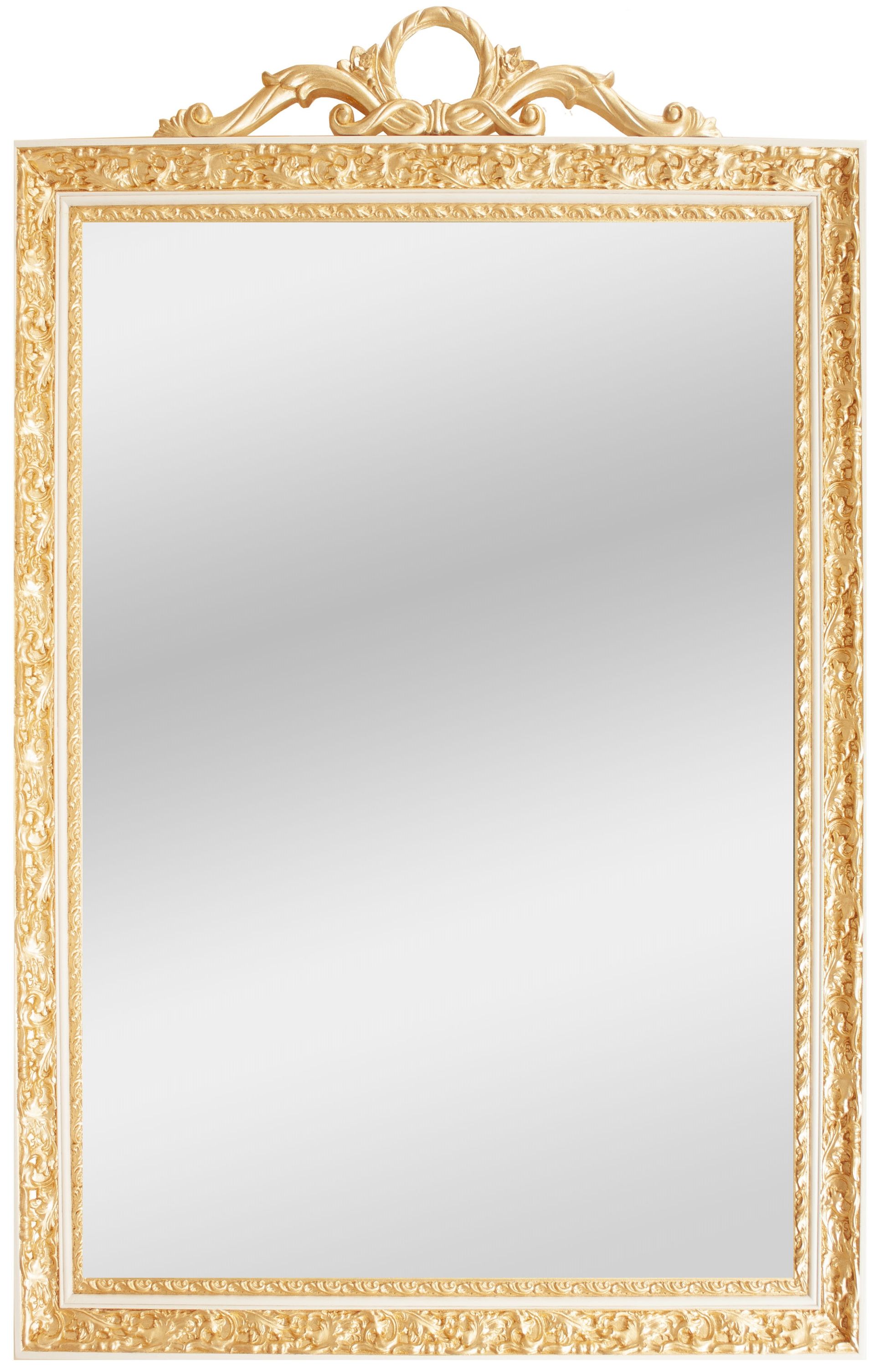 Un grande specchio con cornice dorata su sfondo bianco.