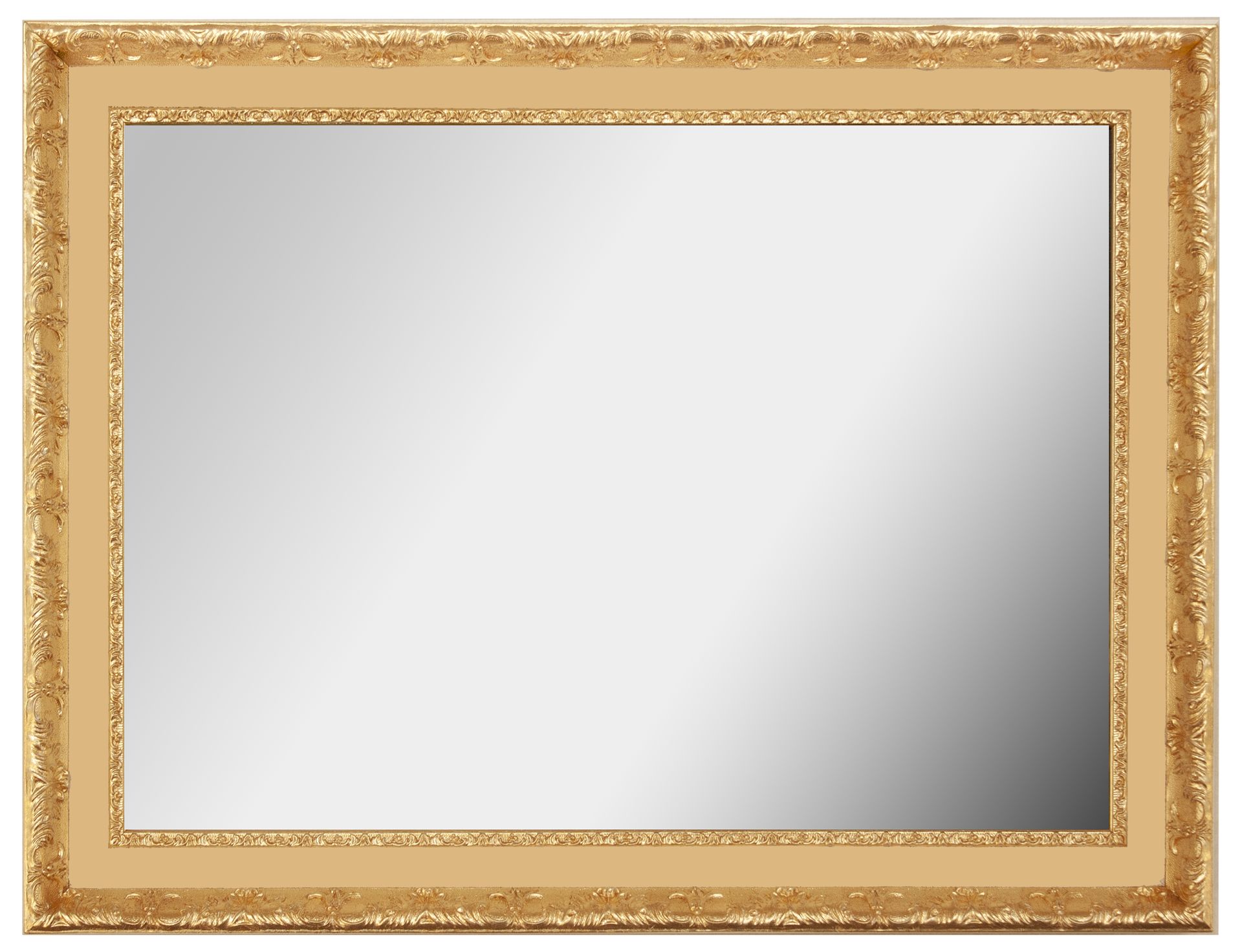 Uno specchio con cornice dorata su sfondo bianco