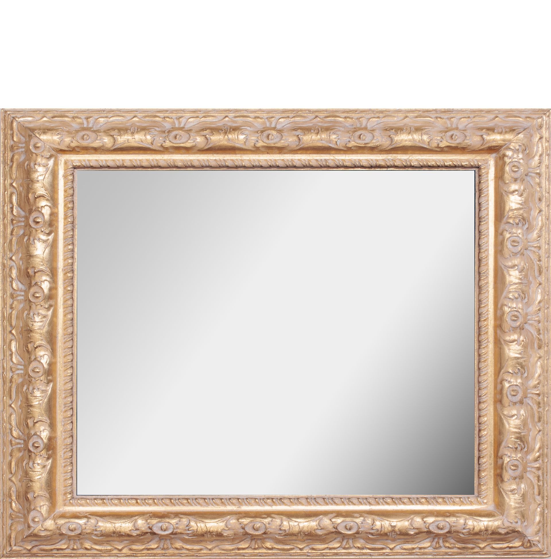 Uno specchio con cornice dorata su sfondo bianco