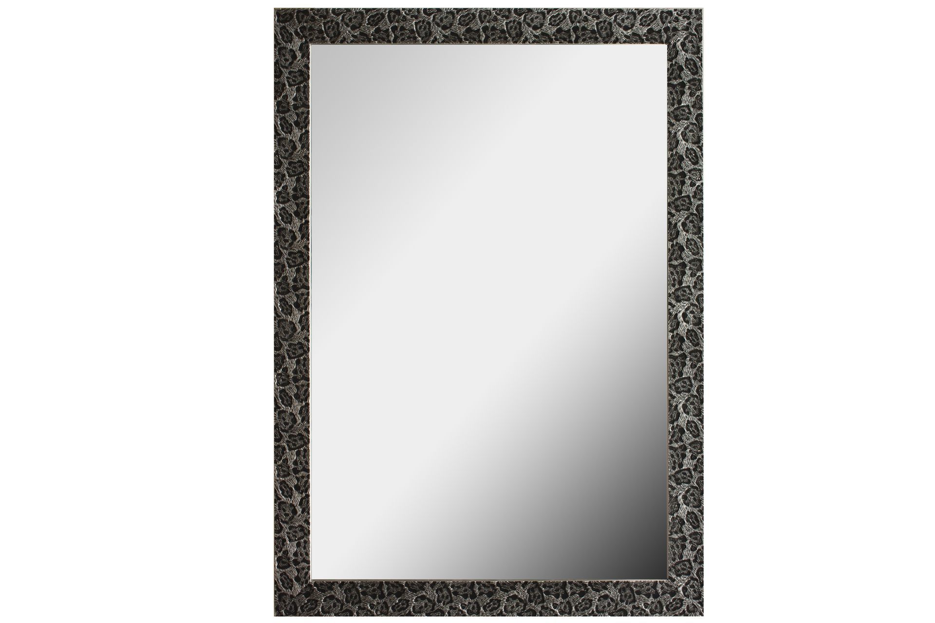 Uno specchio con cornice nera su sfondo bianco