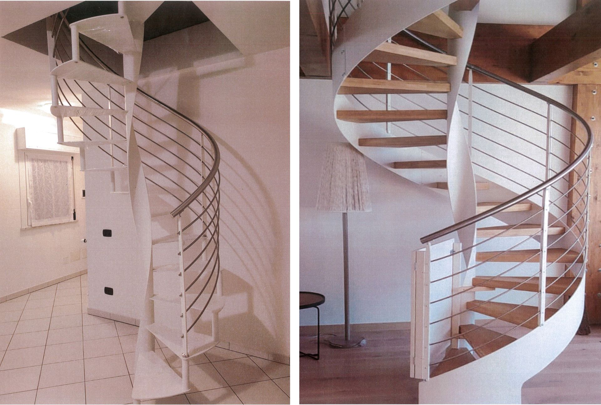 Una scala a chiocciola con ringhiera in metallo e gradini in legno