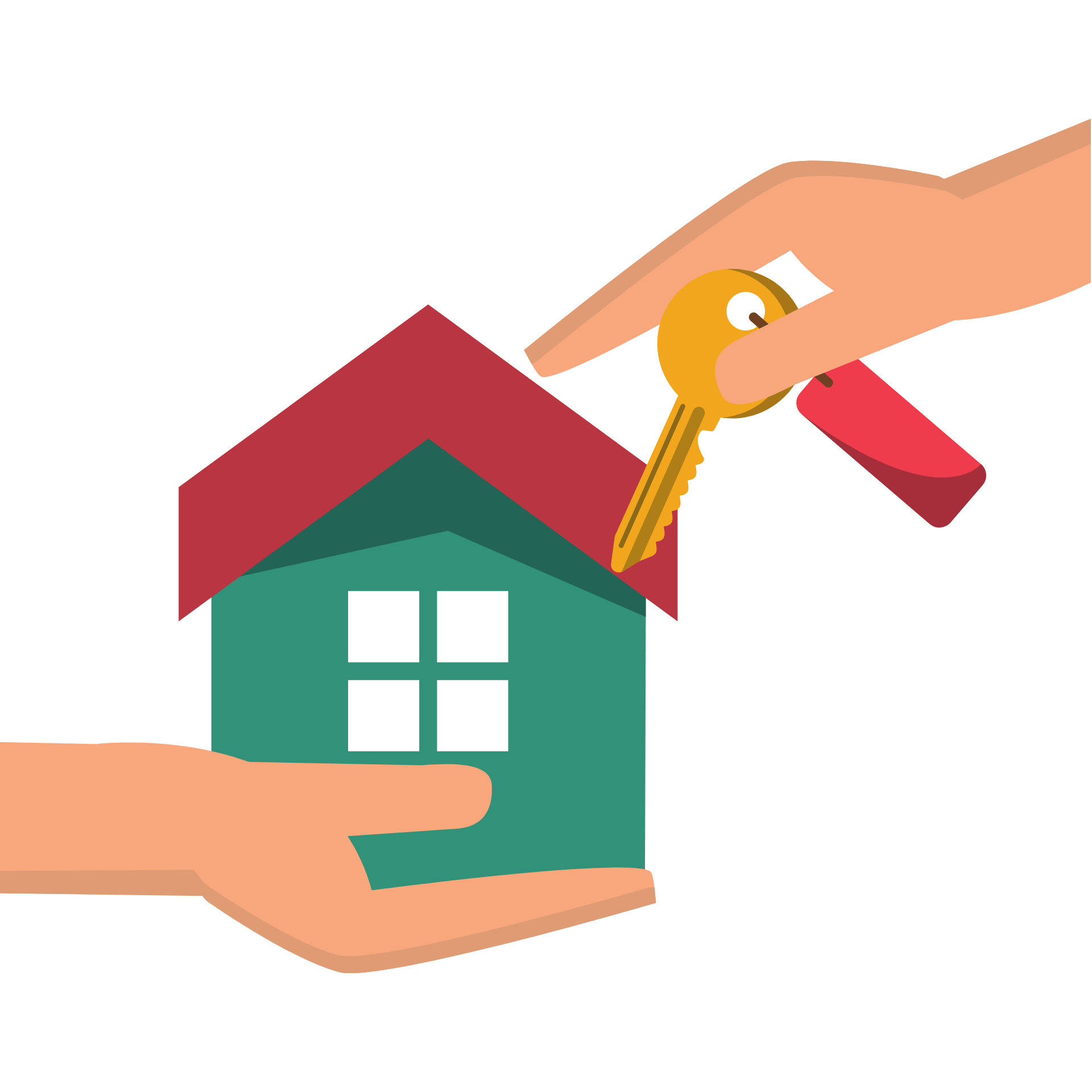 A hand is holding a house and a key.