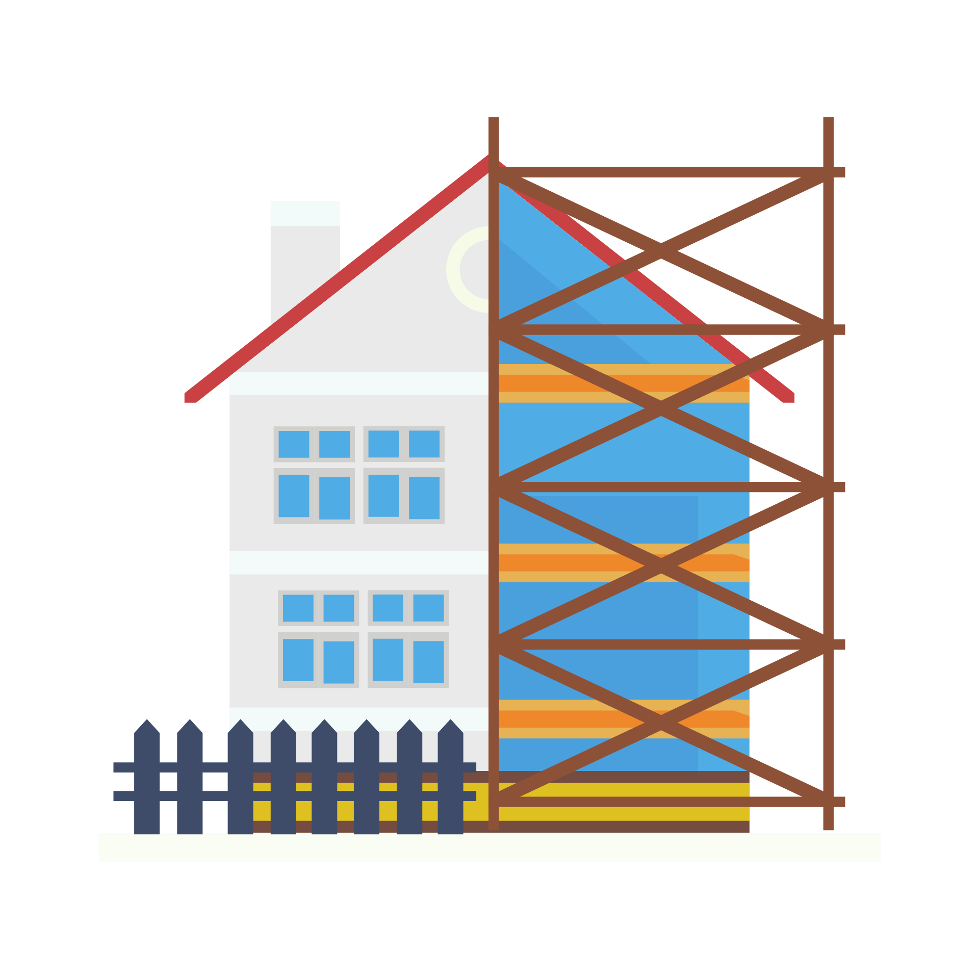 A house is being built with scaffolding and a fence.