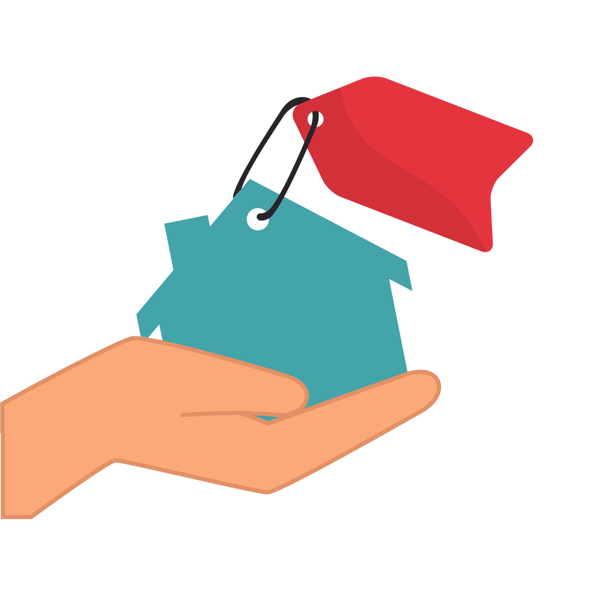 A hand is holding a house with a red tag attached to it.