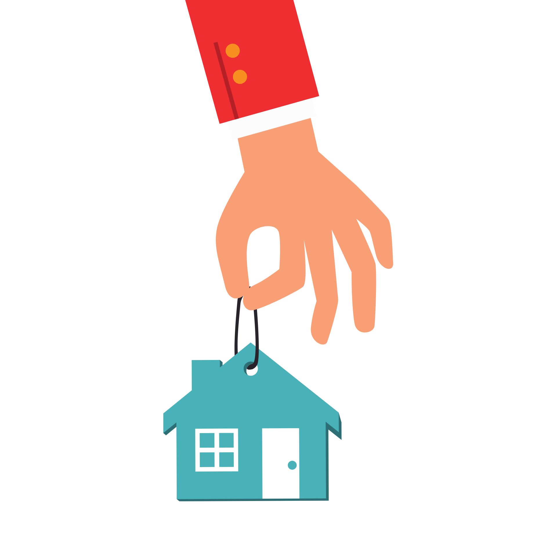 A hand is holding a small house on a string.