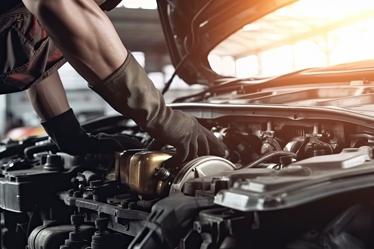 A man is working on the engine of a car in a garage. | Curtis Hi-Tech Auto Service Center