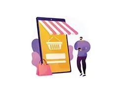 Ilustração de um aplicativo de compras para smartphone com toldo listrado, ícone de carrinho e um cliente carregando sacolas.