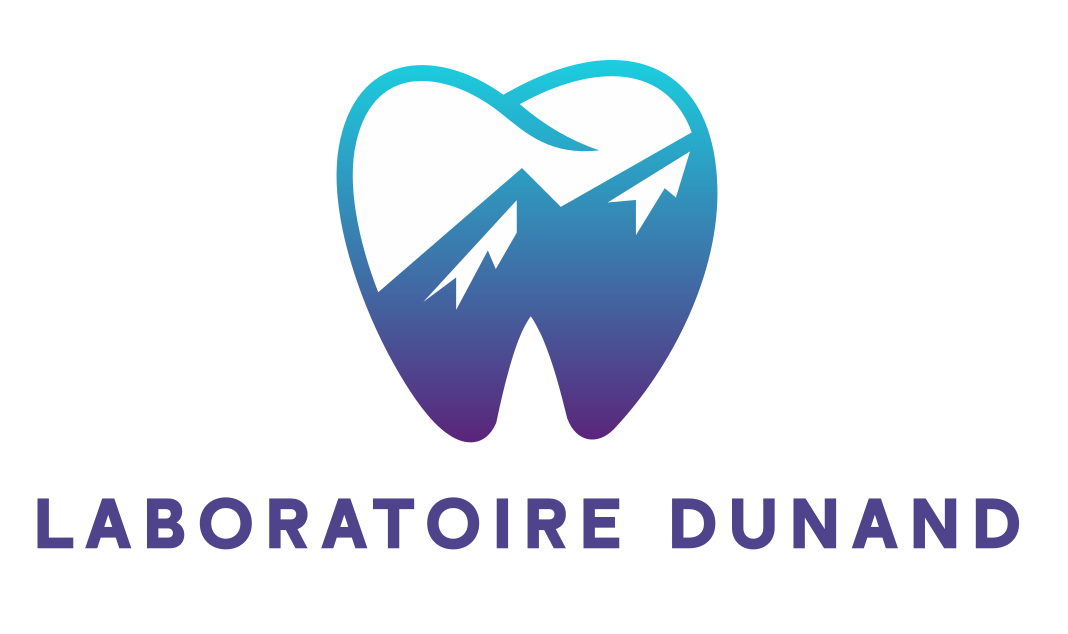 Logo du Laboratoire Dunand : une icône de dent remplie d’une silhouette de montagne en dégradé bleu-violet