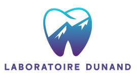 Logo du Laboratoire Dunand : une icône de dent remplie d’une silhouette de montagne en dégradé bleu-violet