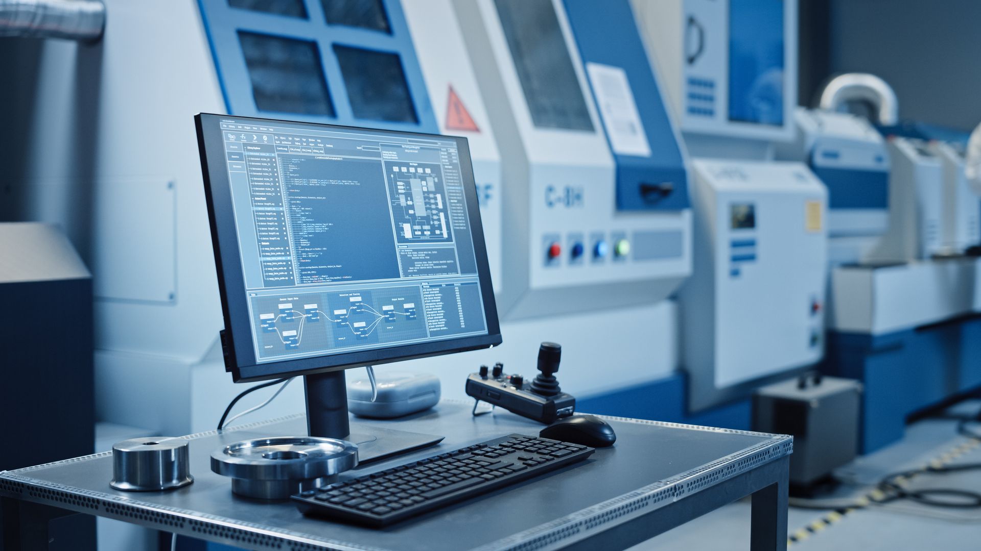 A computer is sitting on a table in front of a machine in a factory - Houston, TX - Ramsey & Company Manufacturer’s Representatives