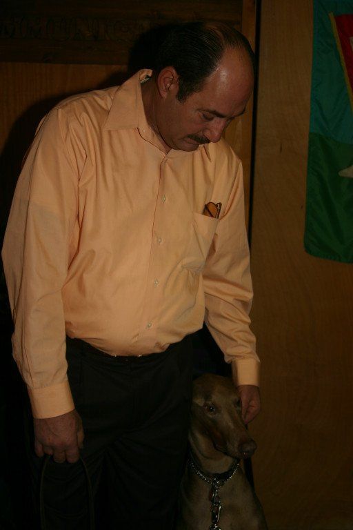 A man in an orange shirt is standing next to a brown dog.