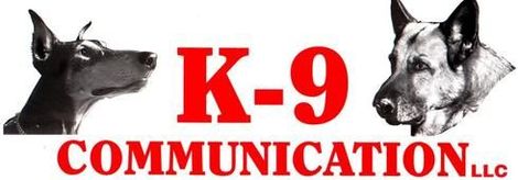 A logo for k-9 communication llc with two dogs on it.