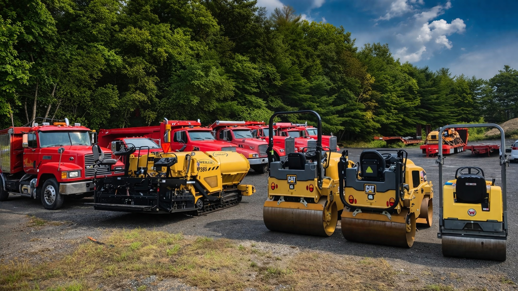 Residential building with freshly sealed asphalt driveway; orange cone near sewer.