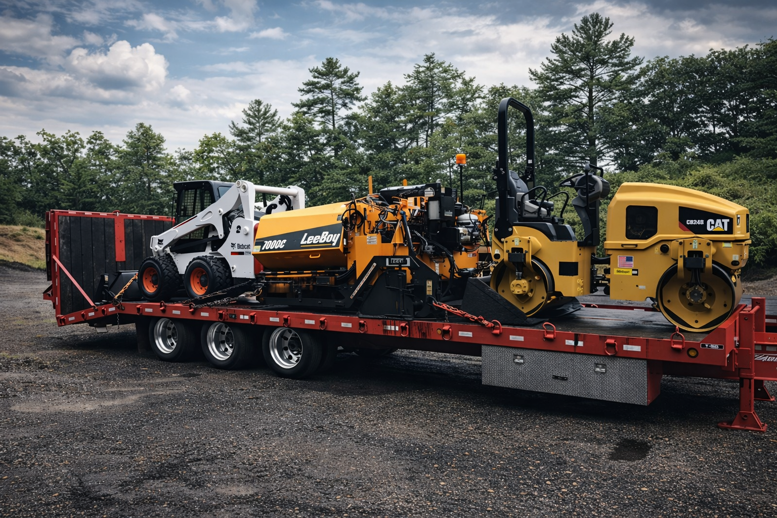 A red flatbed trailer carrying a white Bobcat skid-steer and a yellow CAT asphalt roller outdoors.