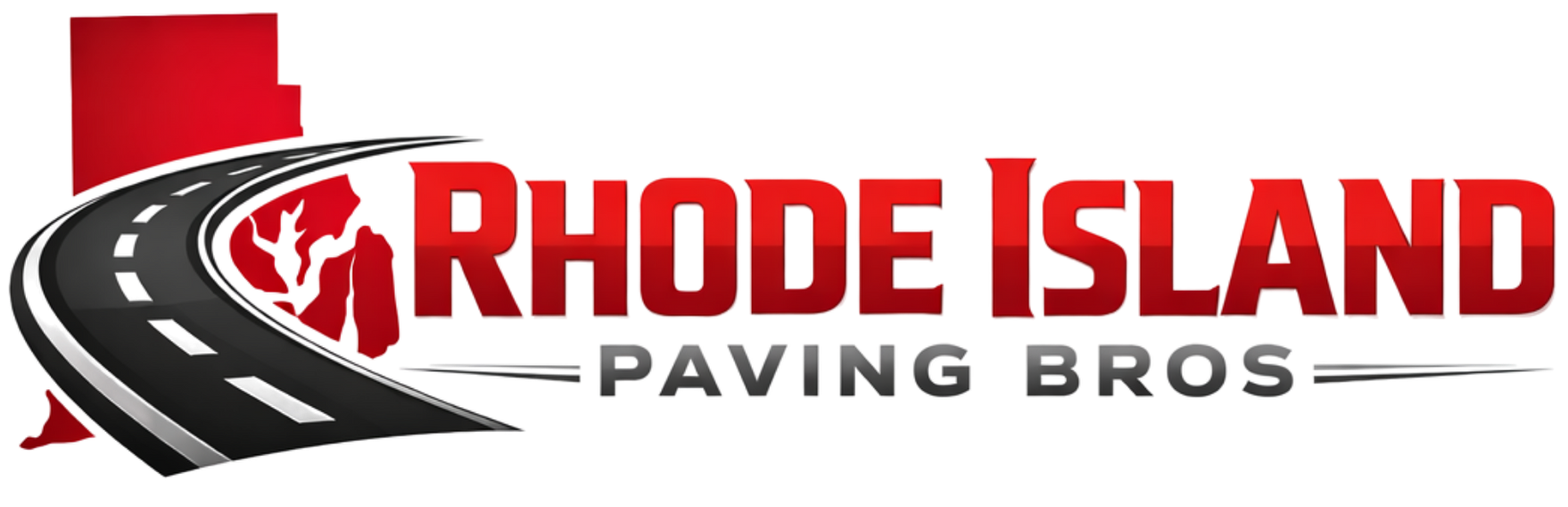Logo for Rhode Island Paving Bros with red text and a black road graphic over a red outline of Rhode Island.