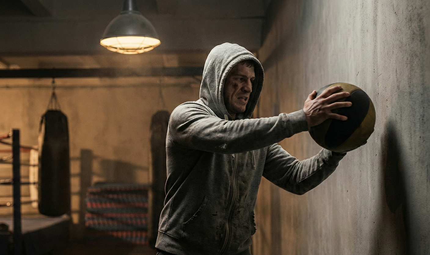 Man in hoodie exercises with a medicine ball against a wall in a dimly lit, grungy gym.