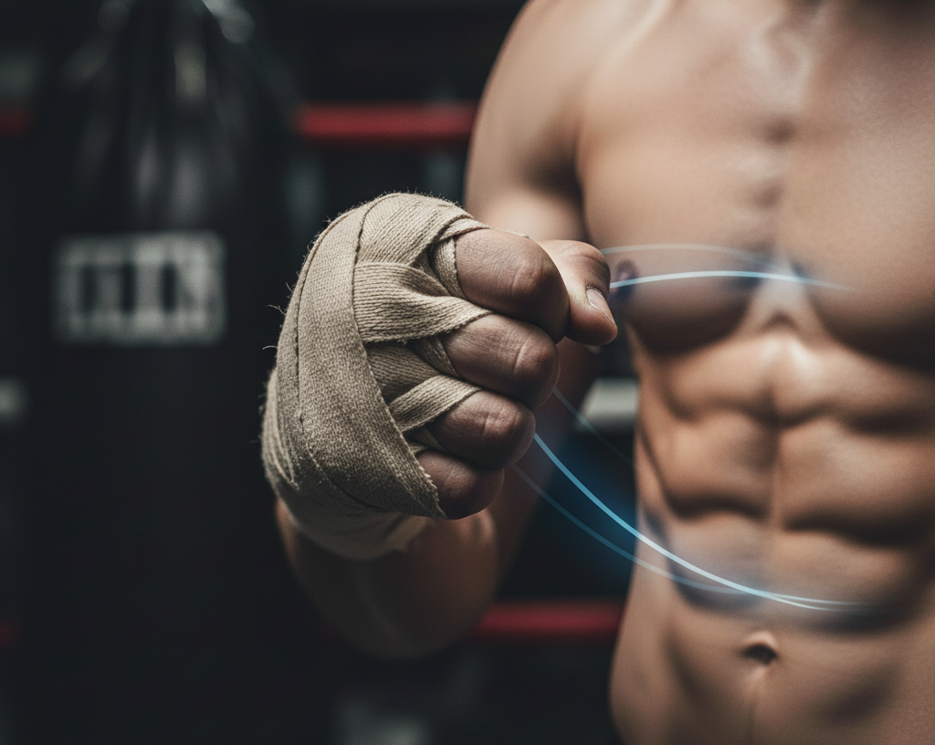 Muscular torso with wrapped fist, blue energy lines, boxing ring in background.