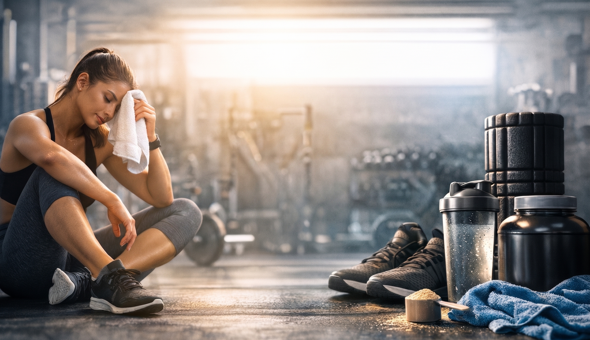 Tired athlete resting on gym floor beside a dumbbell, water bottle, and towel in a sunlit gym