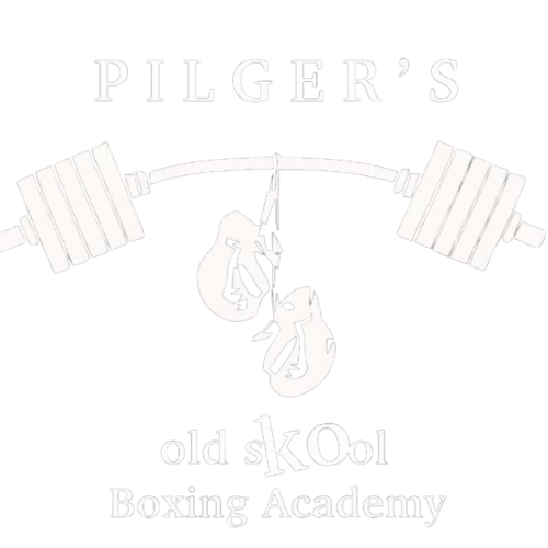 The logo for pilger 's old skool boxing academy shows a barbell and boxing gloves.