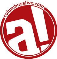 the logo for columbusalive.com is red and white