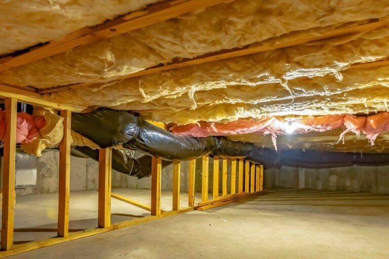 Crawl space under a house with exposed pink insulation, wooden joists, and support posts.