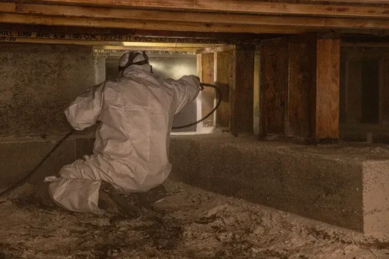 Worker in protective suit crawling under a low crawlspace with a flashlight and hose.