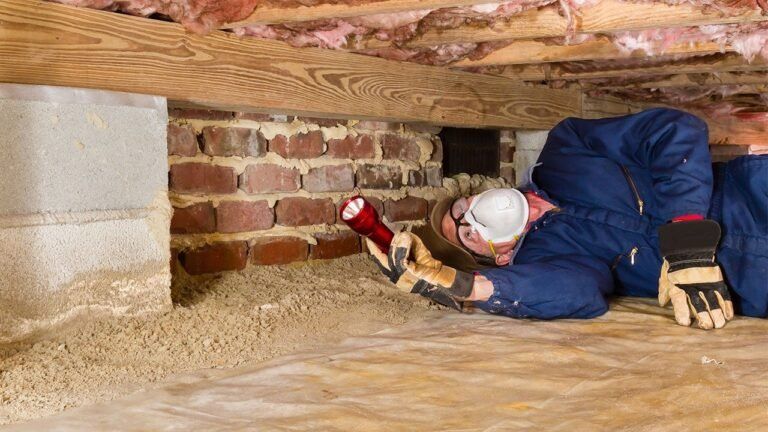 Worker in blue coveralls crawls through a low brick crawlspace, using a flashlight and tool.