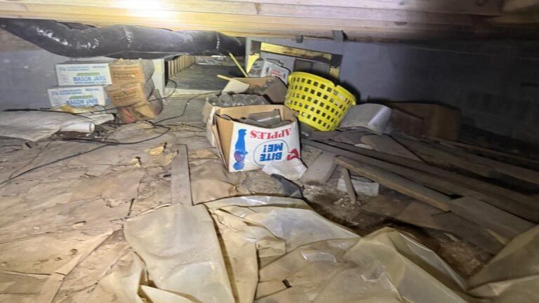 Cluttered attic crawlspace with broken boards, a white bucket, and a yellow laundry basket under exposed beams