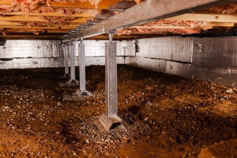 Crawl space under a house with steel support posts and damp, muddy ground