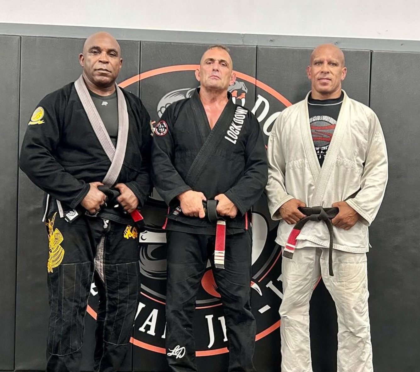Adult students drilling Brazilian Jiu-Jitsu techniques at Lockdown BJJ in Lake Ronkonkoma, NY.