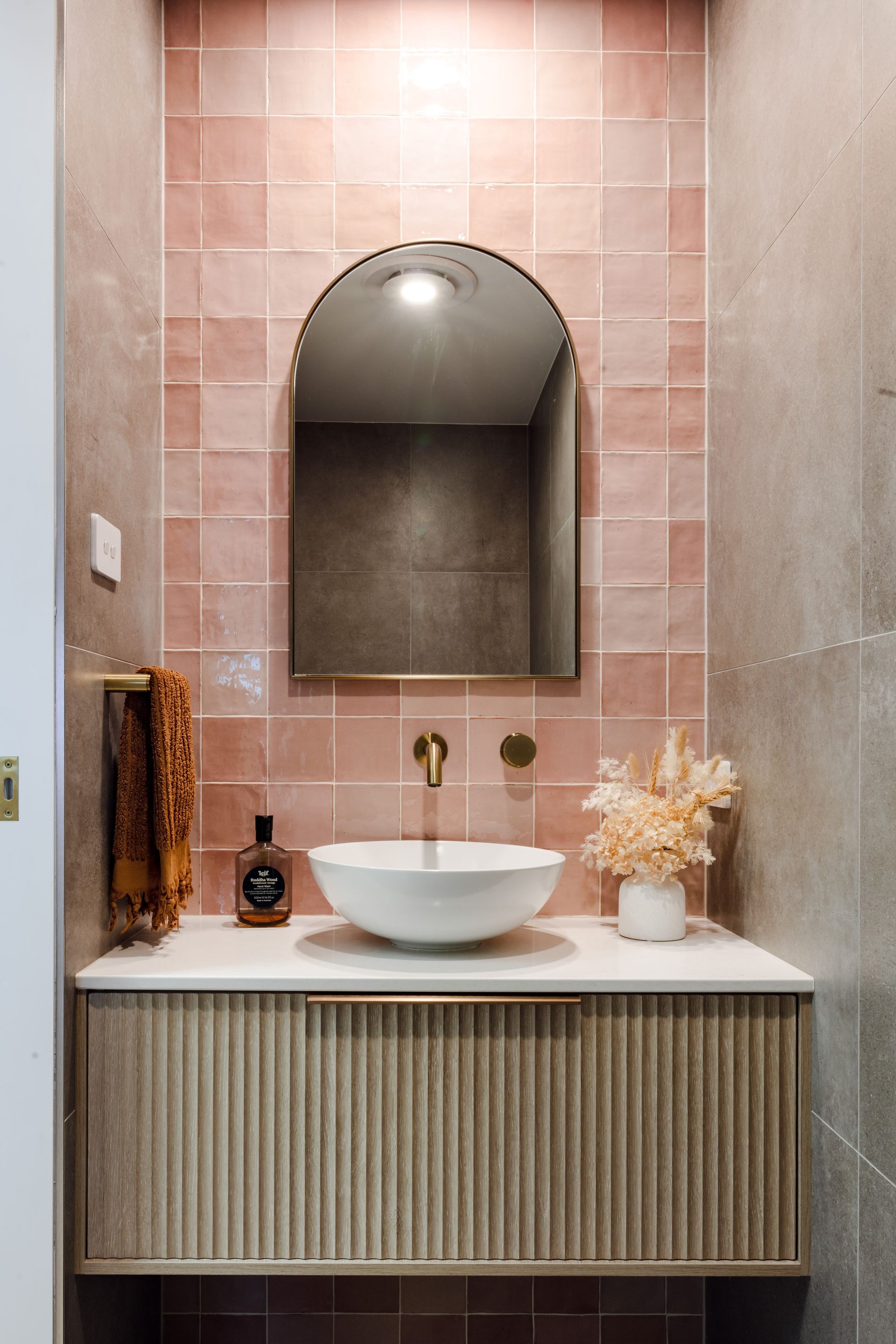 Modern bathroom with pink tiles -  Bathroom Renovations in Port Macquarie, NSW