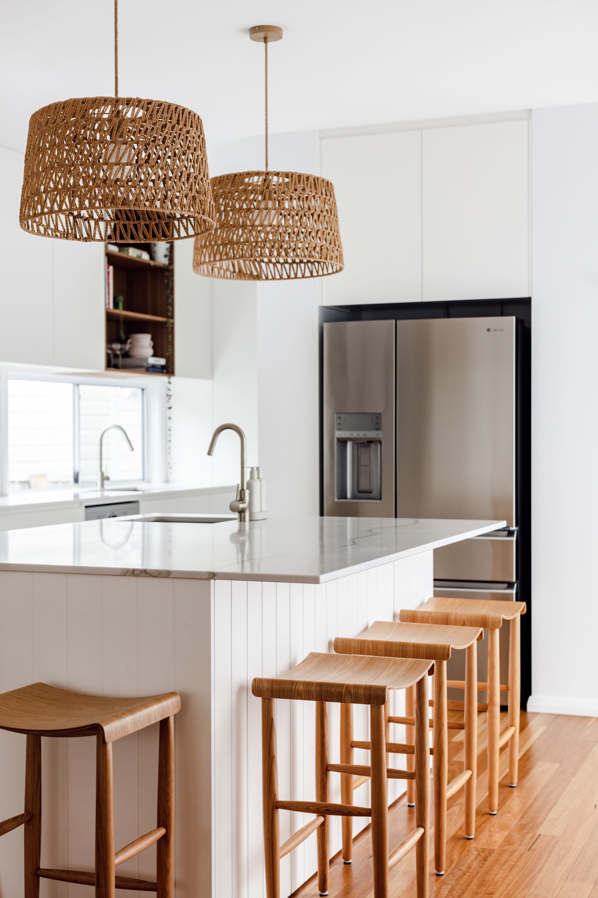 White Modern Kitchen with Wooden Stools — Kitchens in Port Macquarie, NSW