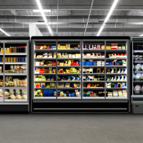 A refrigerated section of a grocery store filled with lots of food