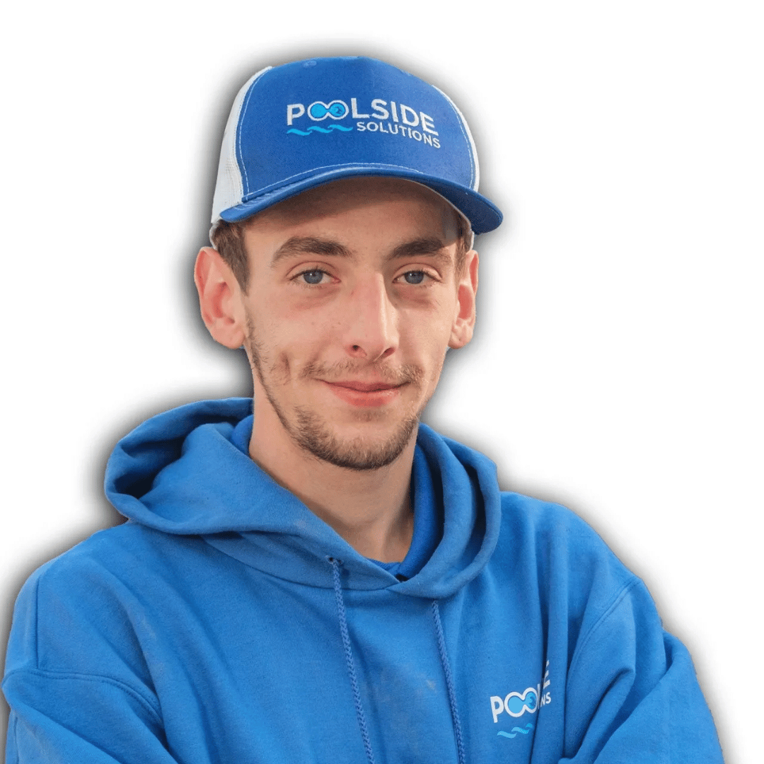 A man wearing a blue hat that says poolside on it