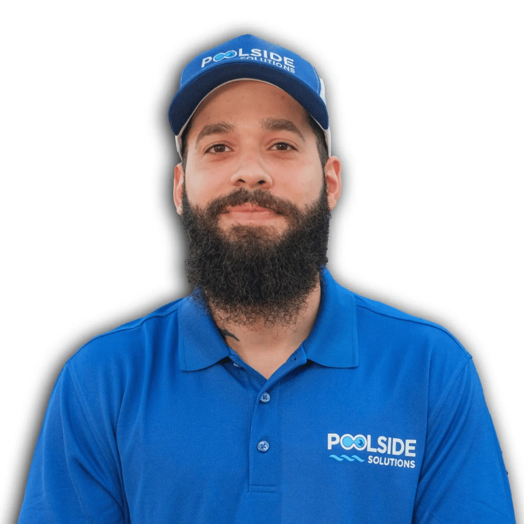 A man with a beard wearing a blue shirt that says poolside