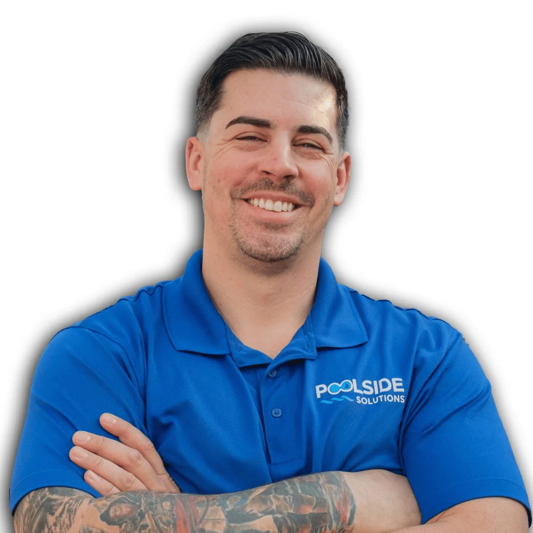 A man wearing a blue shirt that says poolside on it
