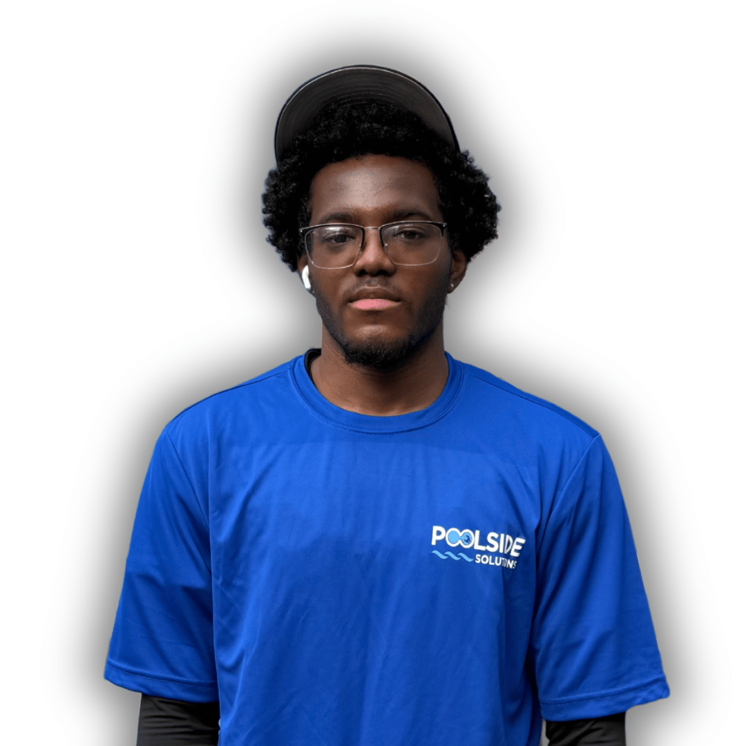 A man wearing a blue shirt that says poolside on it