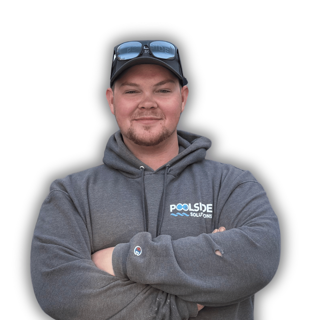 A man wearing a hoodie that says poolside on it